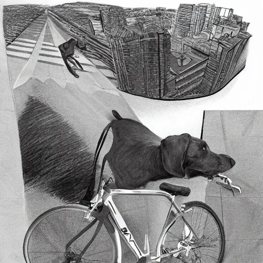 el actor Will Smith, montando una bicicleta por la muralla china, en el día con la luz del sol al oeste, y detrás de el un perro labrador marron corriendo, además se observa el horizonte a distancia , Trippy, Pencil Sketch