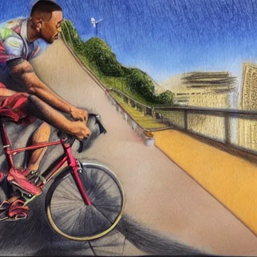 el actor Will Smith, montando una bicicleta por la muralla china, en el día con la luz del sol al oeste, y detrás de el un perro labrador marron corriendo, además se observa el horizonte a distancia , Trippy, Pencil Sketch, Oil Painting