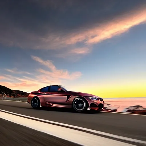 ultra realistic, insanely detailed, intense cinematic composition, BMW sports car speeding, California coast, sunset, bloom effect