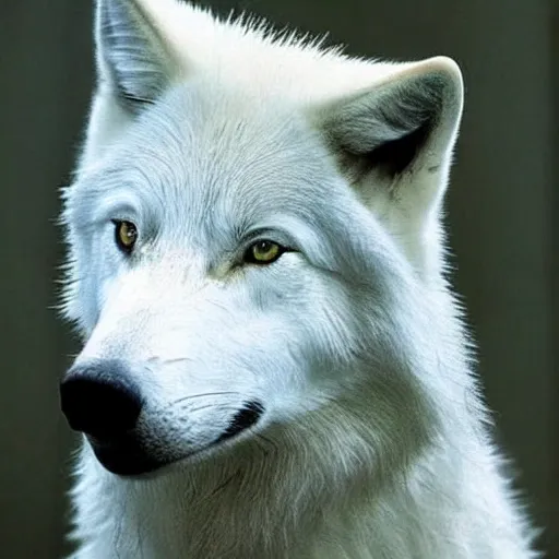 I would like an AI-generated image of a white wolf with spectacu ...