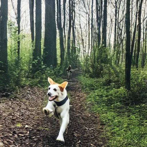 A dog running in the forest