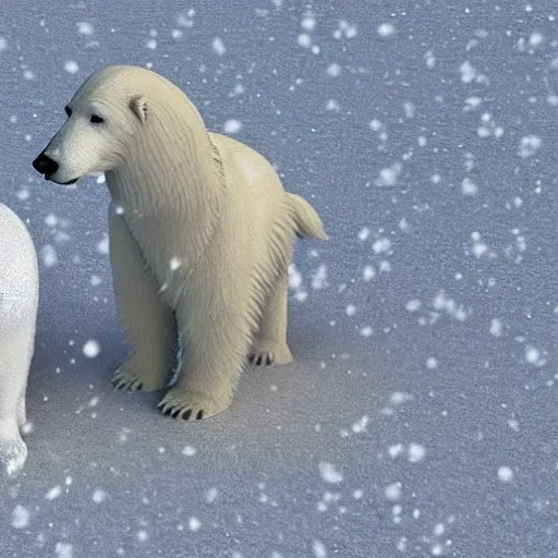 In the snow, there is an animal with a polar bear body, and an Afghan hound head., 3D