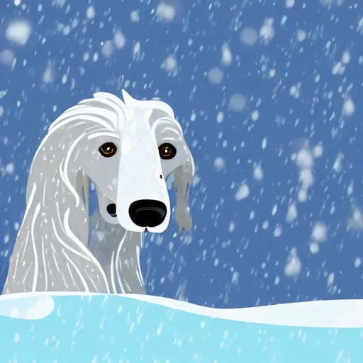 In the snow, there is an animal with a polar bear body, and an Afghan hound head.,  Cartoon