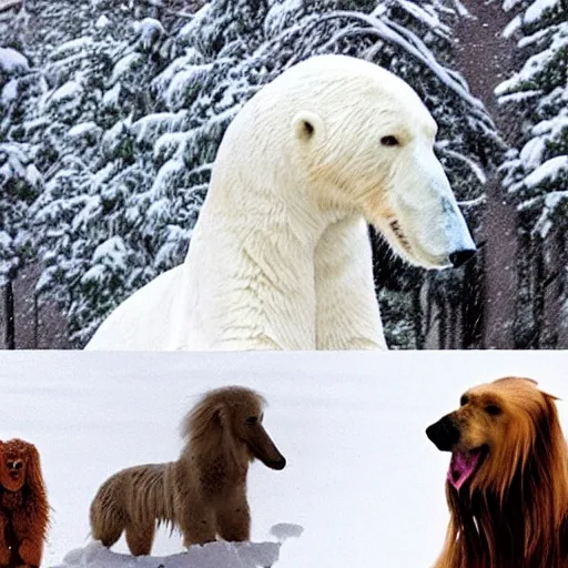 In the snow, there is an animal with a polar bear body, and an Afghan hound head., Trippy