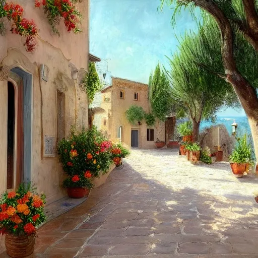 a traditional Mediterranean town in the street of a small village on the Riviera. a terrace in the shade of a hundred-yyear-oold olive tree; a friendly atmosphere around pizzas and rose wine. dolce vita. unreal engine rendering, hyper-realist, ultra-detailed, oil painting, warm colors, happy, impressionism, Da Vinci, style of Garri Bardin --ar 2:3