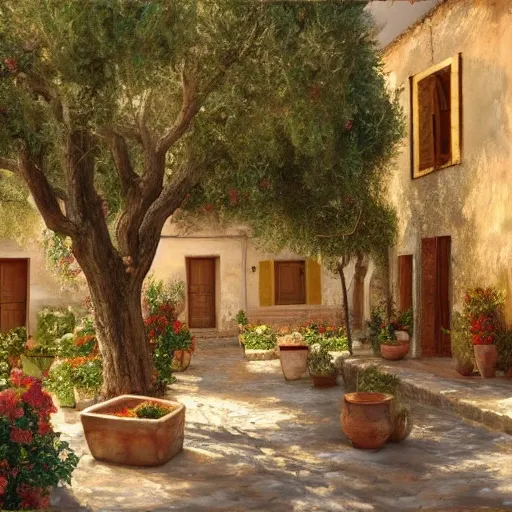 a traditional Mediterranean town in the street of a small village on the Riviera. a terrace in the shade of a hundred-yyear-oold olive tree; a friendly atmosphere around pizzas and rose wine. dolce vita. unreal engine rendering, hyper-realist, ultra-detailed, oil painting, warm colors, happy, impressionism, Da Vinci, style of Garri Bardin --ar 2:3