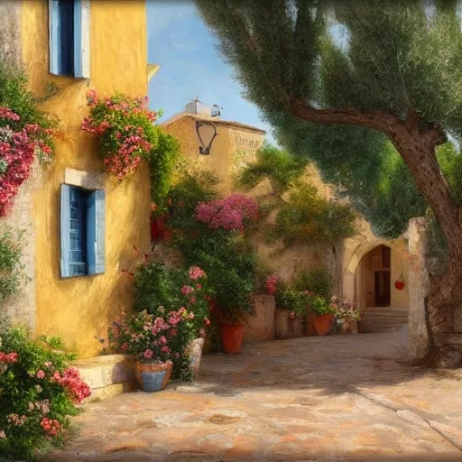 a traditional Mediterranean town in the street of a small village on the Riviera. a terrace in the shade of a hundred-yyear-oold olive tree; a friendly atmosphere around pizzas and rose wine. dolce vita. unreal engine rendering, hyper-realist, ultra-detailed, oil painting, warm colors, happy, impressionism, Da Vinci, style of Garri Bardin --ar 2:3