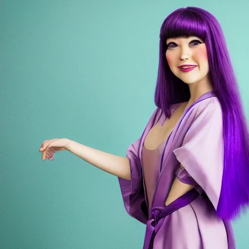 portrait photography from Disney Pixar Studios, A purple-haired beautiful girl, wearing a purple kimono and stockings, elegantly dressed and gracefully moves, pulls out a Taidao from her heart, mockup, half body photo, fine gloss, clean background, 3D rendering, soft focus, oc, blender, IP, best quality,
