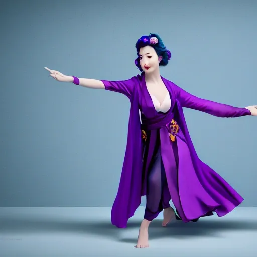 portrait photography from Disney Pixar Studios, A purple-haired beautiful girl, wearing a purple kimono and stockings, elegantly dressed and gracefully moves, pulls out a Taidao from her heart, mockup, half body photo, fine gloss, clean background, 3D rendering, soft focus, oc, blender, IP, best quality,
