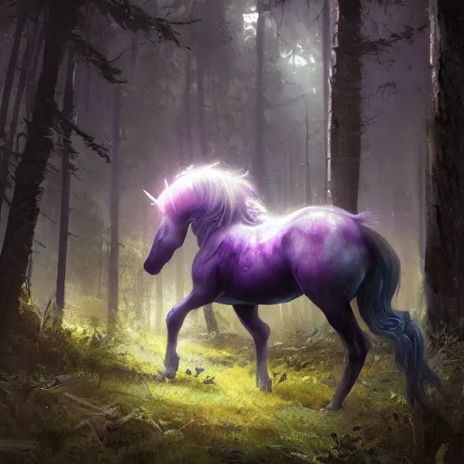 unicorn in the dark forest, fear, by greg rutkowski and wlop, pu ...