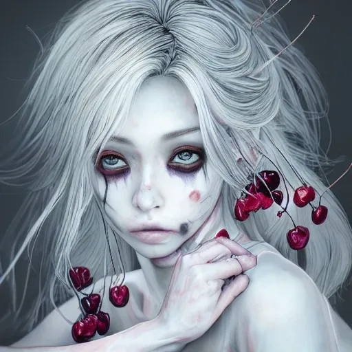 the portrait of  graceful, gorgeous, fashionable photorealistic anime zombie woman made of cherries and white petals with tears, an ultrafine hyperrealistic illustration by kim jung gi, intricate linework, dark colors, octopath traveler, final fantasy, unreal engine highly rendered, global illumination, radiant light, intricate environment

