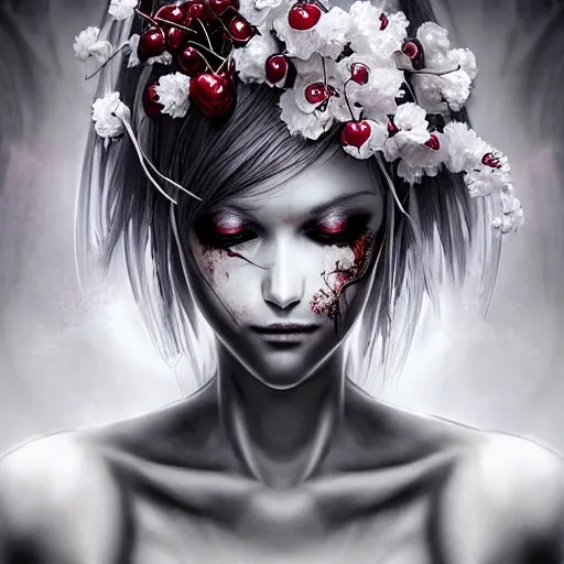 the portrait of  graceful, gorgeous, fashionable photorealistic anime zombie woman made of cherries and white petals with tears, an ultrafine hyperrealistic illustration by kim jung gi, intricate linework, dark colors, final fantasy, unreal engine highly rendered, global illumination, radiant light, intricate environment, upscaling 4k, ultra detail

