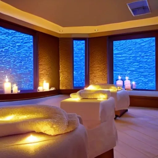 A relaxing spa environment with dim lighting and candles.