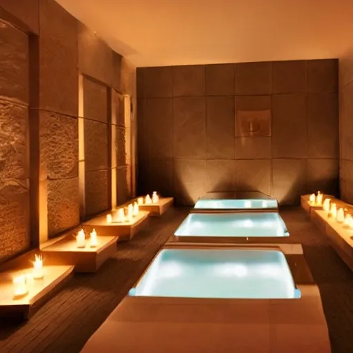 A relaxing spa environment with dim lighting and candles.