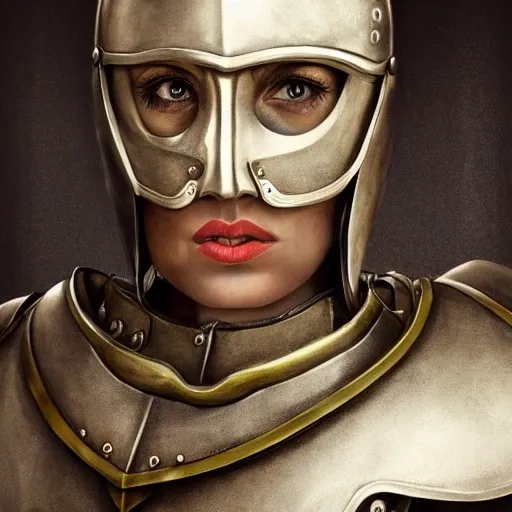 realistic knight, high detail fantasy portrait of a robust female knight wearing armour and face helmet, big lips