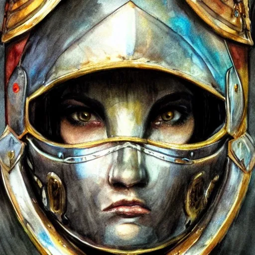 realistic knight, high detail fantasy portrait of a robust female knight wearing armour and face helmet, big lips, Water Color