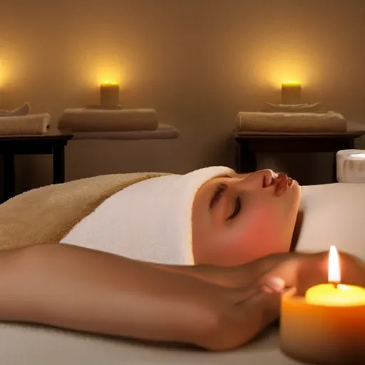 a photo taken with Nikon fx d6 camera of A relaxing spa environment with dim lighting and candles and massage  table