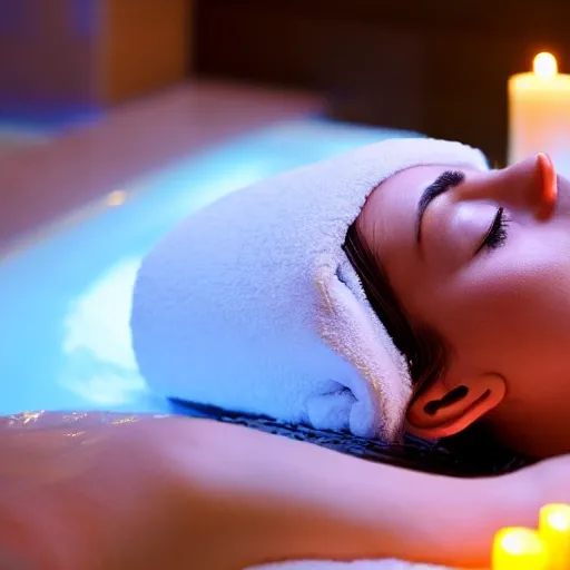 a photo of beautiful girl relaxing in a spa environment with 3400 k  lightning and candles and massage  table 