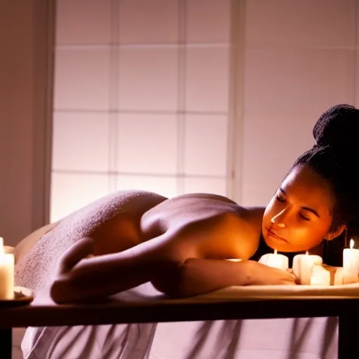 a photo of full body beautiful girl relaxing in a spa environment with 3400 k  lightning and candles and massage  table 