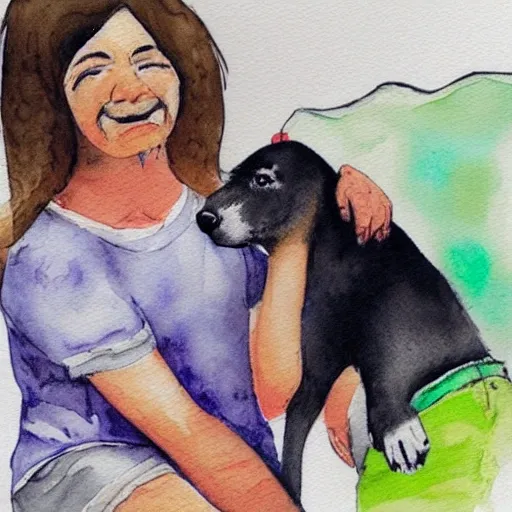 chica asustada con un perro rabioso, Water Color