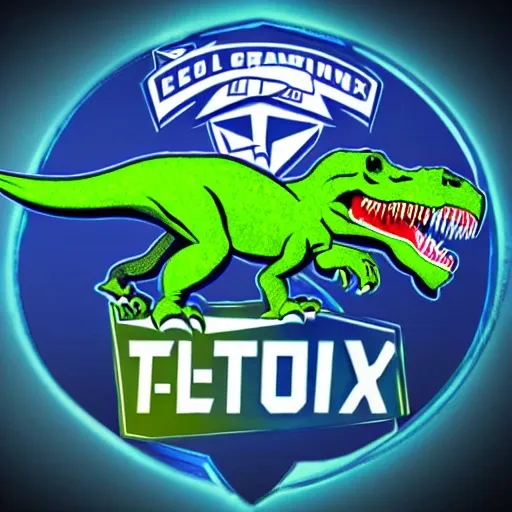 a e-sports team logo with a t-rex with a parachute breaking trough a crypto token