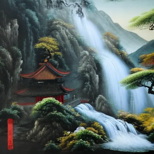 A traditional Chinese painting of a majestic waterfall cascading down a mountain surrounded by lush greenery; Landscape, Nature; Gongbi; Dramatic lighting with contrasting shadows; Ethereal, magnificent; by Wang Hui, Li Cheng, and Ma Yuan; Unreal engine 5, highly detailed, sharp focus, , Pencil Sketch