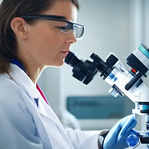 doctor using a microscope in a laboratory, petri dish, 3D