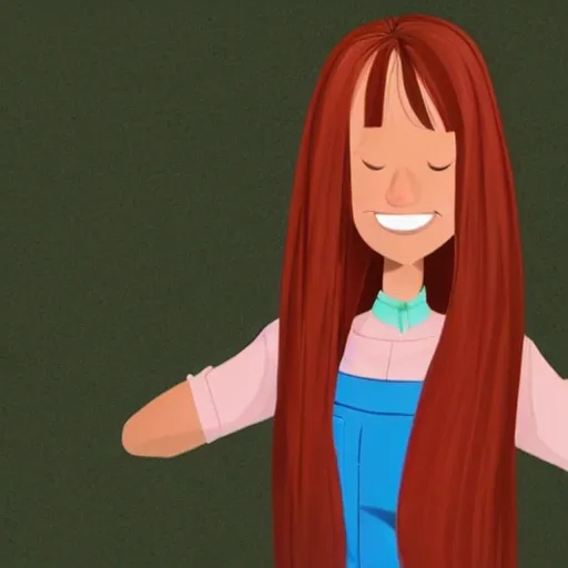 
A cartoon 25-year-old red-haired woman with straight hair that falls to her hips is wearing a red overall and a brown blouse. She has large thighs and hips, and is making a heart shape with her hands in front of her chest. She has a beautiful face and striking red eyes that give her an alluring gaze.