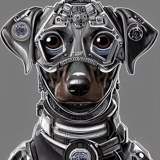 a beautiful portrait of a cute cyberpunk dachshund, cyperpunk, digital art, highly detailed, fine detail, intricate, ornate, complex, master piece