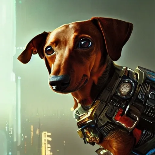 a beautiful portrait of a cute cyberpunk dachshund by greg rutkowski and wlop, digital art, highly detailed, fine detail, intricate, ornate, complex