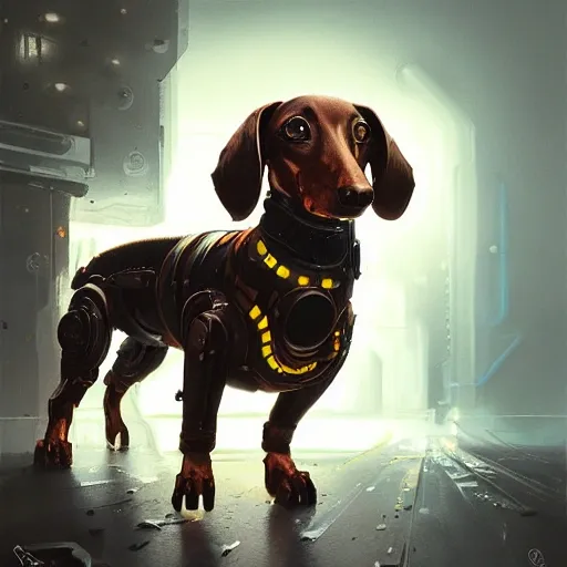 a beautiful portrait of a cute cyberpunk dachshund dog brown, by greg rutkowski and wlop, high key lighting, digital art, robot parts, highly detailed, fine detail, intricate, ornate, complex