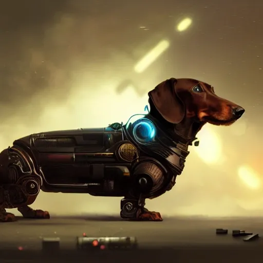 a beautiful portrait of a cyberpunk dachshund brown dog, by greg rutkowski and wlop, high key lighting, digital art, robot parts, highly detailed, fine detail, intricate, ornate, complex