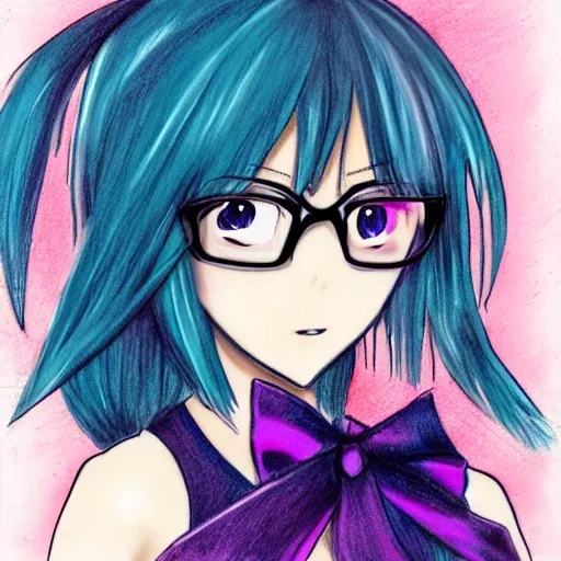 Imagine an image of an anime girl with glasses, short blue hair, and fair skin. The girl's clothing should be of a magical type, with a long robe and a witch hat adorned with a bow. The colors of the clothing and accessories should be bright and flashy, such as pink, light blue, yellow, and purple. The girl should have a confident and determined expression on her face, with arms extended as if about to cast a spell., Pencil Sketch