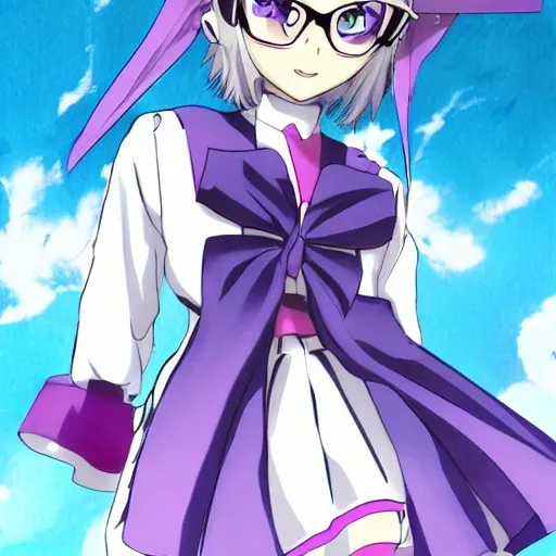 Imagine an image of an anime girl with glasses, short blue hair, and fair skin. The girl's clothing should be of a magical type, with a long robe and a witch hat adorned with a bow. The colors of the clothing and accessories should be bright and flashy, such as pink, light blue, yellow, and purple. The girl should have a confident and determined expression on her face, with arms extended as if about to cast a spell., Pencil Sketch, Cartoon