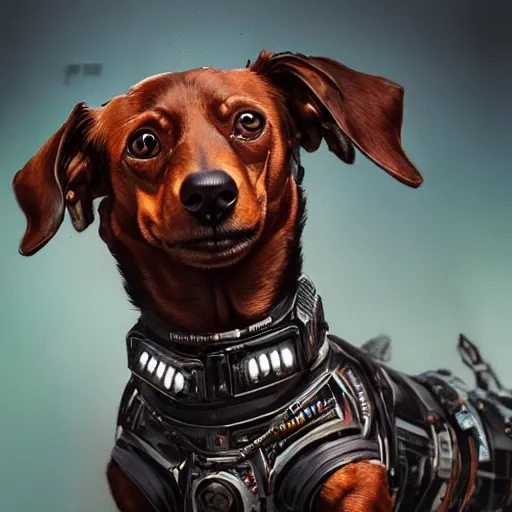 a beautiful portrait of a cute cyberpunk dachshund brown dog by sandra chevrier and greg rutkowski and wlop, high key lighting, volumetric light, digital art, highly detailed, fine detail, intricate, ornate, complex, octane render, unreal engine, photorealistic 