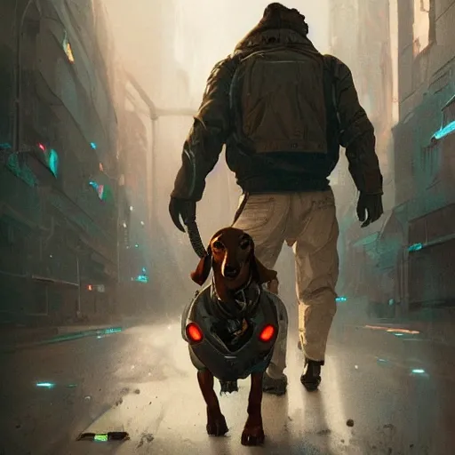 a beautiful portrait of a man walking a cute cyberpunk dachshund brown by greg rutkowski and wlop, high key lighting, digital art, robot parts, highly detailed, fine detail, intricate, ornate, complex
