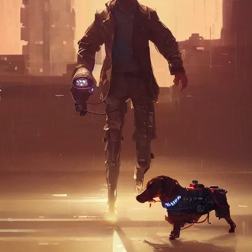 a beautiful portrait of a man walking a cute cyberpunk dachshund brown by greg rutkowski and wlop, high key lighting, digital art, robot parts, highly detailed, fine detail, intricate, ornate, complex

