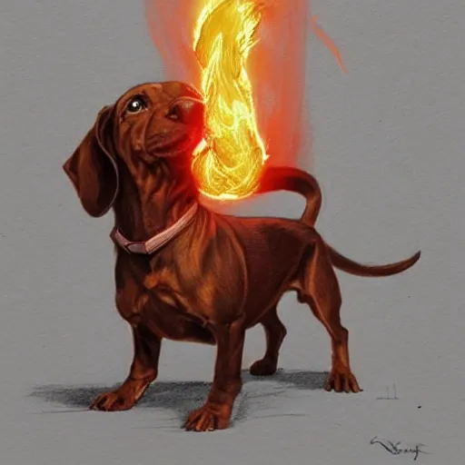 a man wizard casting a red fireball walking a cute brown dachshund | | pencil sketch, realistic shaded, fine details, realistic shaded lighting poster by greg rutkowski, magali villeneuve, artgerm, jeremy lipkin and michael garmash and rob rey 