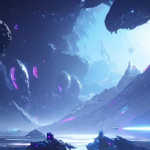 purple blue planet, futuristic, cyber, ice, cool, style greg rutkowski, seen from far away space