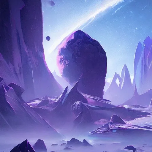 purple blue planet, futuristic,  ice, cool, style greg rutkowski, seen from another galaxy