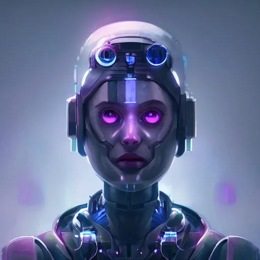 Beautiful portrait of cute Cyberpunk robot by Sandra Cheffril and Greg Rutkowski and Wallop, purple blue color scheme, high key lighting, volume light, digital art, very detailed, fine detail, intricate, gorgeous, intricate, octane rendering, Unreal Engine, realistic