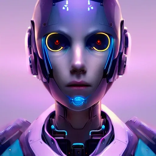 Beautiful portrait of cute Cyberpunk robot by Sandra Cheffril and Greg Rutkowski and Wallop, purple blue color scheme, high key lighting, volume light, digital art, very detailed, fine detail, intricate, gorgeous, intricate, octane rendering, Unreal Engine, realistic