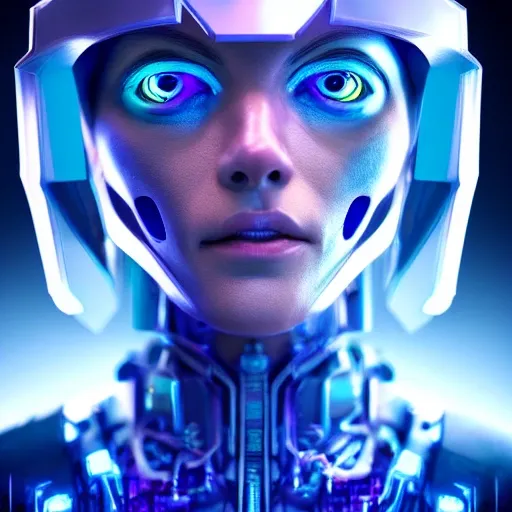Cyberpunk robot portrait, purple blue color scheme, High key lighting, volume light, digital art, very detailed, fine detail, intricate, gorgeous, intricate, Octane rendering, Unreal Engine,