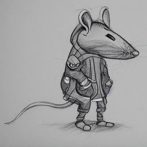 , Pencil Sketch of an ugly man sized anthropomorphic rat in adventure gear