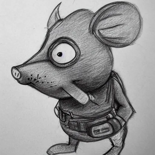 , Pencil Sketch of an ugly man sized anthropomorphic rat in adventure gear