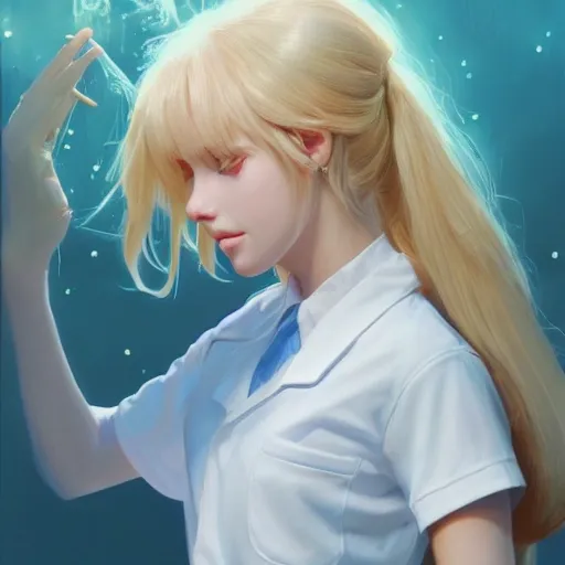 realistic portrait of a innocent young teen girl, nurse school student uniform, light blonde hair, casting a bright large-scale magical spell around herself, overflowing energy, highly detailed, digital painting, trending on artstation, pixiv, concept art, sharp focus, illustration, art by Ross Tran and Greg Rutkowski and Walt Disney animation