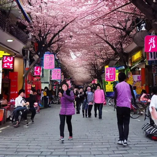 fluttering, cherry blossoms, Guangzhou, Beijing Road Pedestrian Street, storefronts, fashion, snacks, souvenirs, aroma, street food, air, performers, music, dance, acrobatics, atmosphere, night, neon signs.