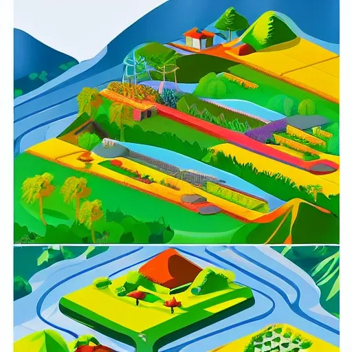 Create an isometric-style illustration that represents the Bolivian Yungas. The illustration should be composed of a series of three-dimensional elements that represent the landscape and culture of the region. Use vibrant and saturated colors that reflect the diversity and vitality of the area. Include elements such as mountains, valleys, rivers, waterfalls, coca plantations, and rural villages. The illustration should convey a sense of the richness and natural beauty of the region.