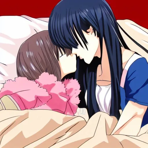 2 anime girl kissing on a bed 