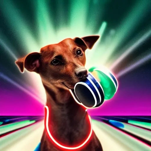 "Generate an image of a dog wearing a leather jacket and headphones, in a faded dance bowling environment. The dog is in a relaxed pose and is enjoying the music. The background should have neon lights and smoke effects to create an atmospheric setting. Make sure the dog has a friendly expression and the image has a vibrant, energetic feel."